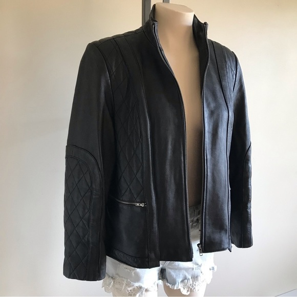 VINTAGE Pamela McCoy genuine black leather biker jacket size MP - Picture 2 of 16